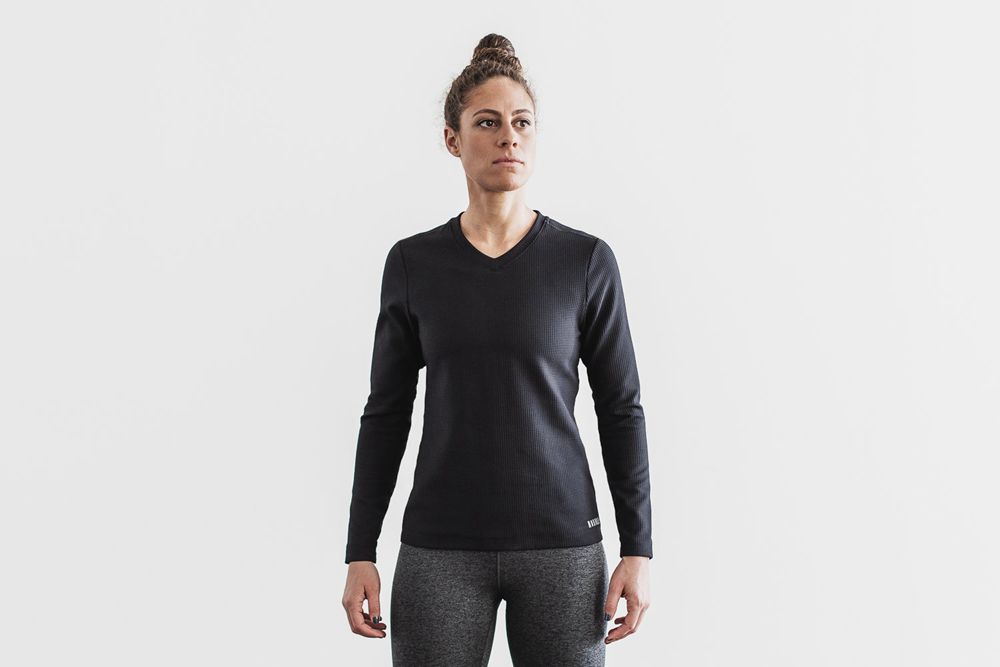 NOBULL Women's V-Neck Waffle Long Sleeve - Black - Ireland (0419NJLOC)